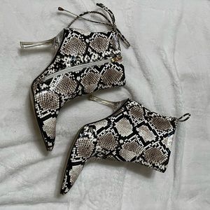 Womens size 12 snake print booties  with clear crystal heels